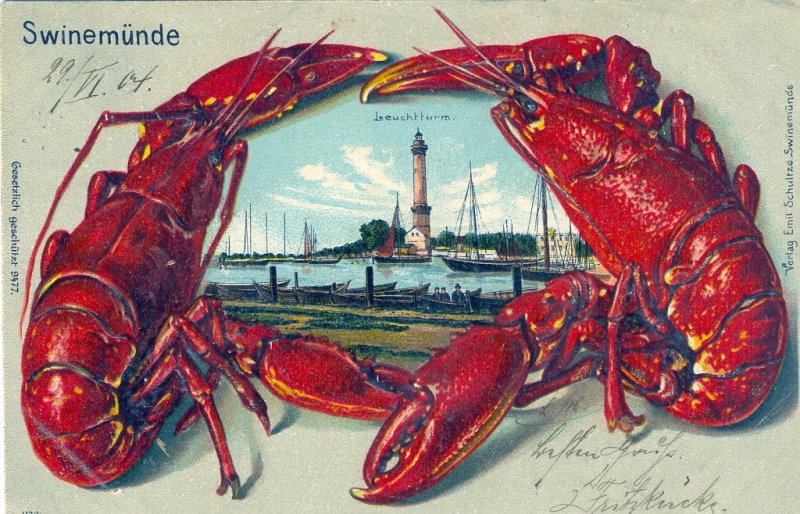  Krebse als Rahmen für den Swinemünder Leuchtturm.